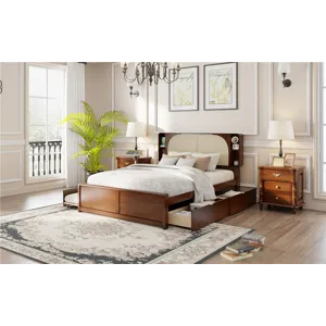 Queen Size Rattan Headboard Bed With Two Drawers And Trundle Walnut