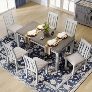 7 Piece Dining Table Set Retro Style With Extendable Table And 6 Upholstered Chairs - Brown / White