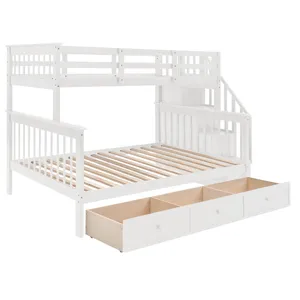 Twin Over Full Stairway Bunk Bed With Drawer, Storage And Guard Rail For Bedroom, Dorm, For Adults -