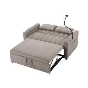 Convertible Sofa Bed Loveseat Sofa With Three USB Ports, Two Side Pockets, Two Cup Holders And 360° 