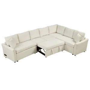 L-Shaped Sofa Convertible Sofa Bed Pull Out Sofa Sleeper With Two Back Pillows, Two USB Ports And Tw