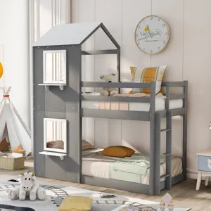 Twin Over Twin Bunk Bed Wood Bed With Roof, Window, Guardrail, Ladder - White