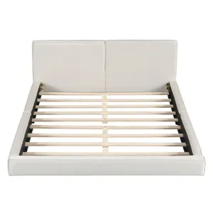Queen Size Upholstered Platform Bed With , Grounded Bed With Solid Frame - Beige