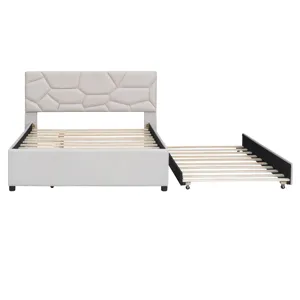 Full Size Upholstered Platform Bed With Brick Pattern Headboard And Twin Size Trundle, Linen - Beige