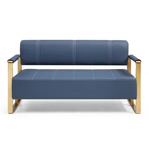 Modern Upholstery Accent Loveseat Sofa For Living Room 2 Seater With Golden Metal Arms - Blue