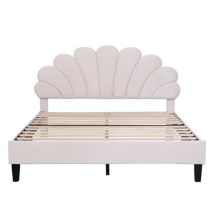 Queen Size Upholstered Platform Bed With Flower Pattern Velvet Headboard - Beige