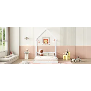 Full Roof-Framed Headboard Floor Bed With Headboard Guardrails - Without Slats White