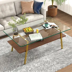 Rectangle Coffee Table, Tempered Glass Tabletop With Gold Metal Legs, Modern Table For Living Room, 