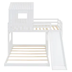 Wooden Twin Over Full Bunk Bed, Loft Bed With Playhouse, Farmhouse, Ladder, Slide And Guardrails - W