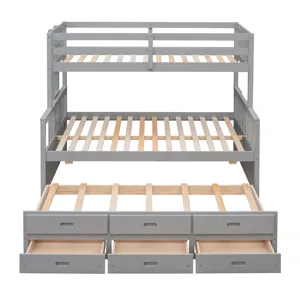 Twin Over Full Bunk Bed With Twin Size Trundle, Separable Bunk Bed With Drawers For Bedroom - Gray
