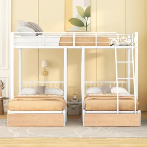 Full Over Twin & Twin Bunk Bed, Metal Triple Bunk Bed With Drawers And Guardrails - White