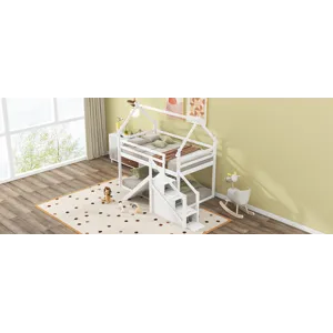 Twin Over Twin House Loft Or Bunk Bed With Slide And Staircase - White