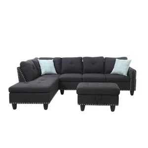 Alger - 98" Wide Left Hand Facing Sofa & Chaise With Ottoman - Charcoal Grey
