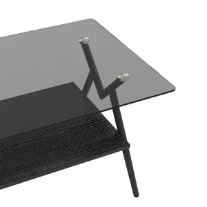 Rectangle Coffee Table With Tempered Glass Top And Black MDF Shelf, Modern Table For Living Room - G