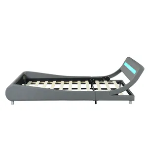 Queen Size Upholstered Platform Bed Frame With LED Lighting, Curve Design, Wood Slat Support, No Box
