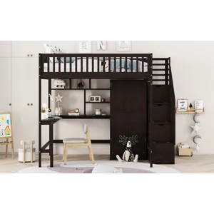 Full Size Loft Bed With Bookshelf, Drawers, Desk, And Wardrobe - Espresso