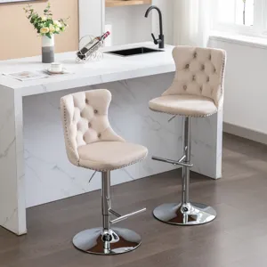 Swivel Velvet Barstools Adjusatble Seat Height From 25-33\", Modern Upholstered Chrome Base Bar Stoo