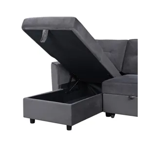 Hudson - Velvet Reversible Sleeper Sectional Sofa With Storage Chaise - Dark Gray