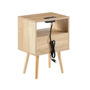 15.75\" Rattan End Table With Power Outlet & USB Ports, Modern Nightstand With Drawer And Solid Wood