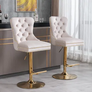 Thick Golden Swivel Velvet Barstools Adjusatble Seat Height From 27-35\", Modern Upholstered Bar Sto