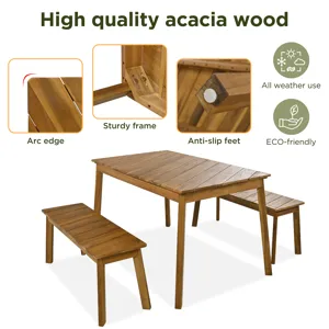 3 Pieces Acacia Wood Table Bench Dining Set For Outdoor & Indoor Furniture With 2 Benches, Picnic Be
