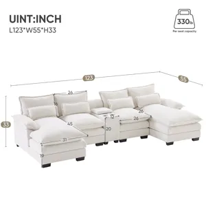 Modern U Shaped Sofa With Console, Cupholders And USB Ports, 6 Seat Upholstered Symmetrical Indoor F