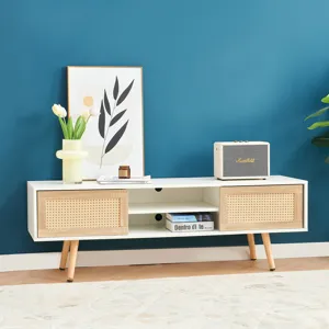 55.12\" Rattan TV Cabinet, Double Sliding Doors For Storage, Adjustable Shelf, Solid Wood Legs, TV C