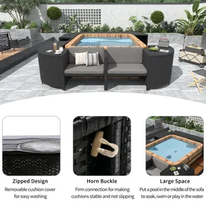 Spa Surround Spa Frame Quadrilateral Outdoor Rattan Sectional Sofa Set With Mini Sofa, Wooden Seats 