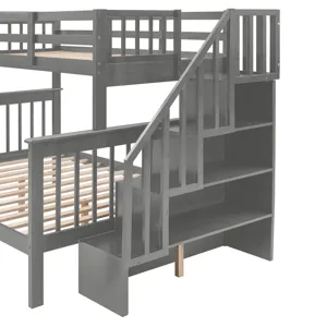 Twin Over Full Stairway Bunk Bed With Drawer, Storage And Guard Rail For Bedroom, Dorm, For Adults -