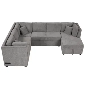 U-Shaped Sectional Sofa Pull Out Sofa Bed With Two USB Ports, Two Power Sockets, Three Back Pillows 