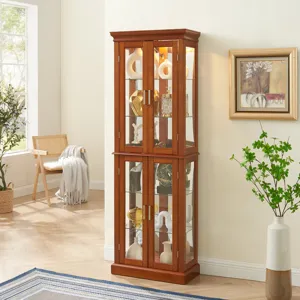 Curio Cabinet Lighted Curio Diapaly Cabinet With Adjustable Shelves And Mirrored Back Panel, Tempere