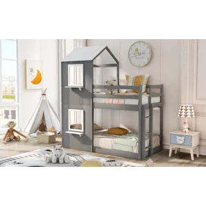 Twin Over Twin Bunk Bed Wood Bed With Roof, Window, Guardrail, Ladder - White