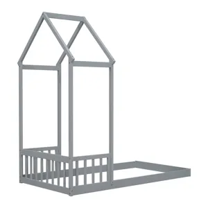 Twin House-Shaped Roof Headboard Floor Bed, (Without Slats) - Gray