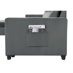 Ivy - Velvet Reversible Sleeper Sectional Sofa With Storage Chaise And Side Pocket - Dark Gray