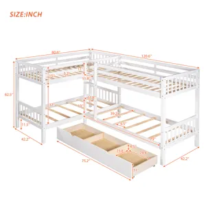 Twin L Shaped Bunk Bed With Drawers - Gray