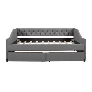 Full Size Upholstered Daybed With Two Drawers, Wood Slat Support - Gray