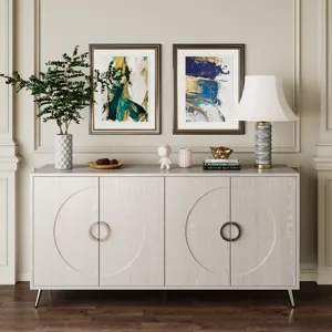 Modern Lacquered 4 Door Wooden Cabinet Sideboard Buffet Server Cabinet Storage Cabinet, For Living Room, Entryway, Hallway, Office, Kitchen And Dining Room - Champagne Silver