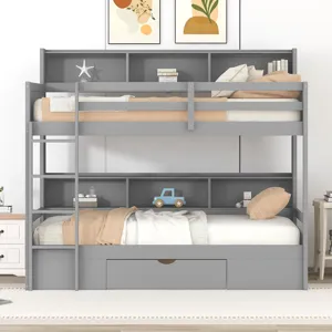 Twin Size Bunk Bed With Built-In Shelves Beside Both Upper And Down Bed And Storage Drawer - Gray