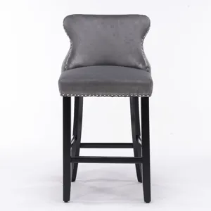 Contemporary Velvet Upholstered Wing-Back Barstools With Button Tufted Decoration And Wooden Legs, A