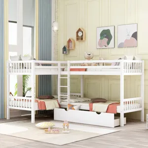 Twin L Shaped Bunk Bed With Drawers - Gray
