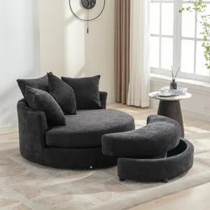 360° Swivel Accent Barrel Chair With Storage Ottoman & 4 Pillows, Modern Chenille Leisure Chair Roun