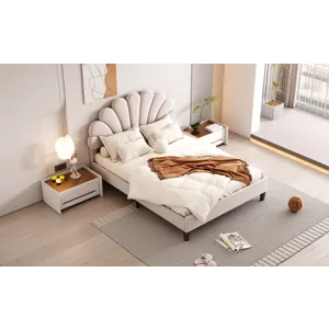 Full Size Upholstered Platform Bed With Flower Pattern Velvet Headboard - Beige
