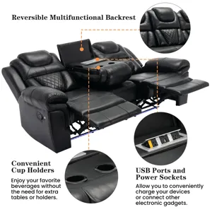 Home Theater Seating Manual Recliner Chair With Center Console And Led Light Strip For Living Room -