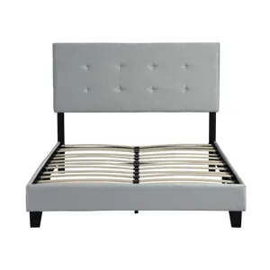 Queen Size Upholstered Platform Bed Frame With Pull Point Tufted Headboard, Strong Slat Support, Mat