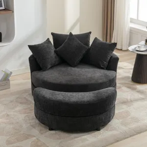 360° Swivel Accent Barrel Chair With Storage Ottoman & 4 Pillows, Modern Chenille Leisure Chair Roun