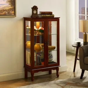 Curio Cabinet Lighted Curio Diapaly Cabinet With Adjustable Shelves And Mirrored Back Panel, Tempere
