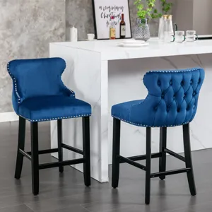 Contemporary Velvet Upholstered Wing-Back Barstools With Button Tufted Decoration And Wooden Legs, A