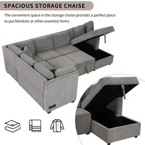 U-Shaped Sectional Sofa Pull Out Sofa Bed With Two USB Ports, Two Power Sockets, Three Back Pillows 