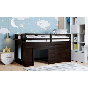 Twin Size Loft Bed With Cabinet And Shelf - Espresso