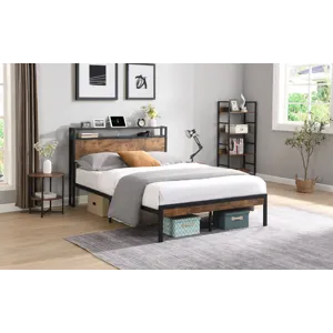 King Size Metal Platform Bed Frame With Wooden Headboard And Footboard With USB Liner, No Box Spring
